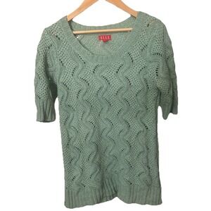 Elle Size M Open Knit Shimmering Metallic Green Tunic Short Sleeve Sweater 549